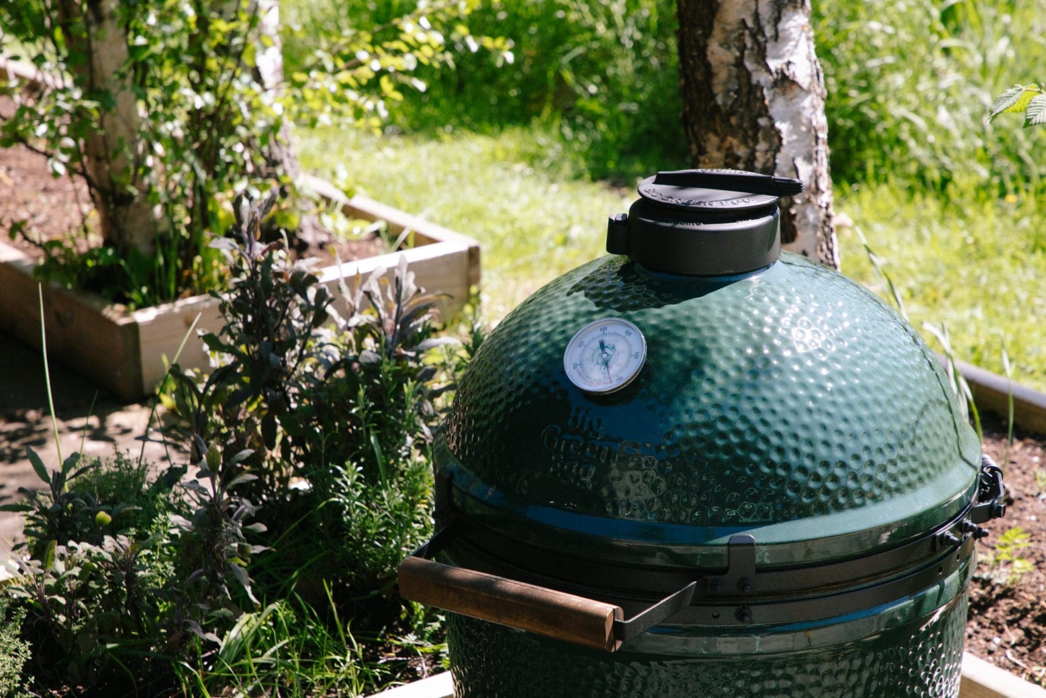 A close up view of the top of the Big green egg, our brilliant bbq for guests to use.