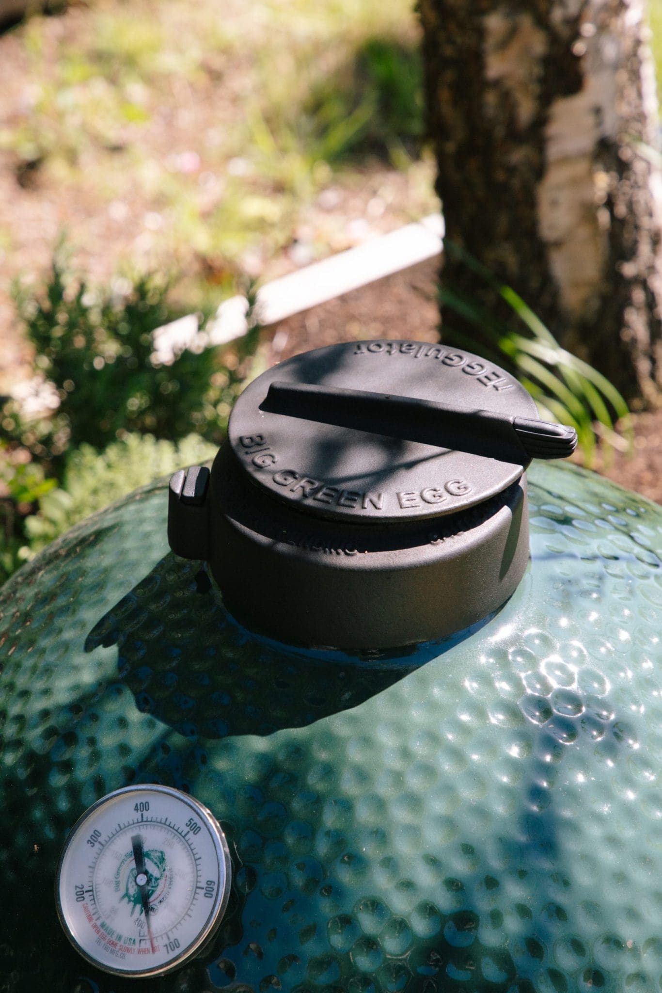 A close up view of the top of the Big green egg, our brilliant bbq for guests to use.