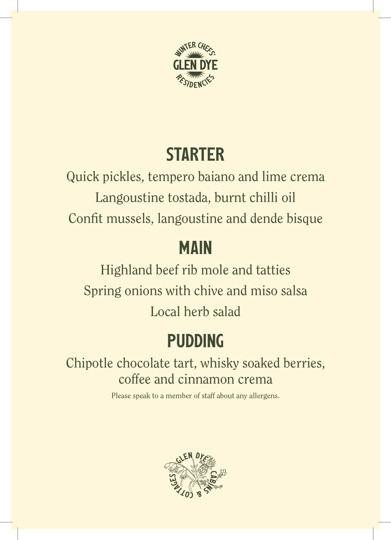 PDF image of the dinner menu at our winter chef's seasonal feast event.