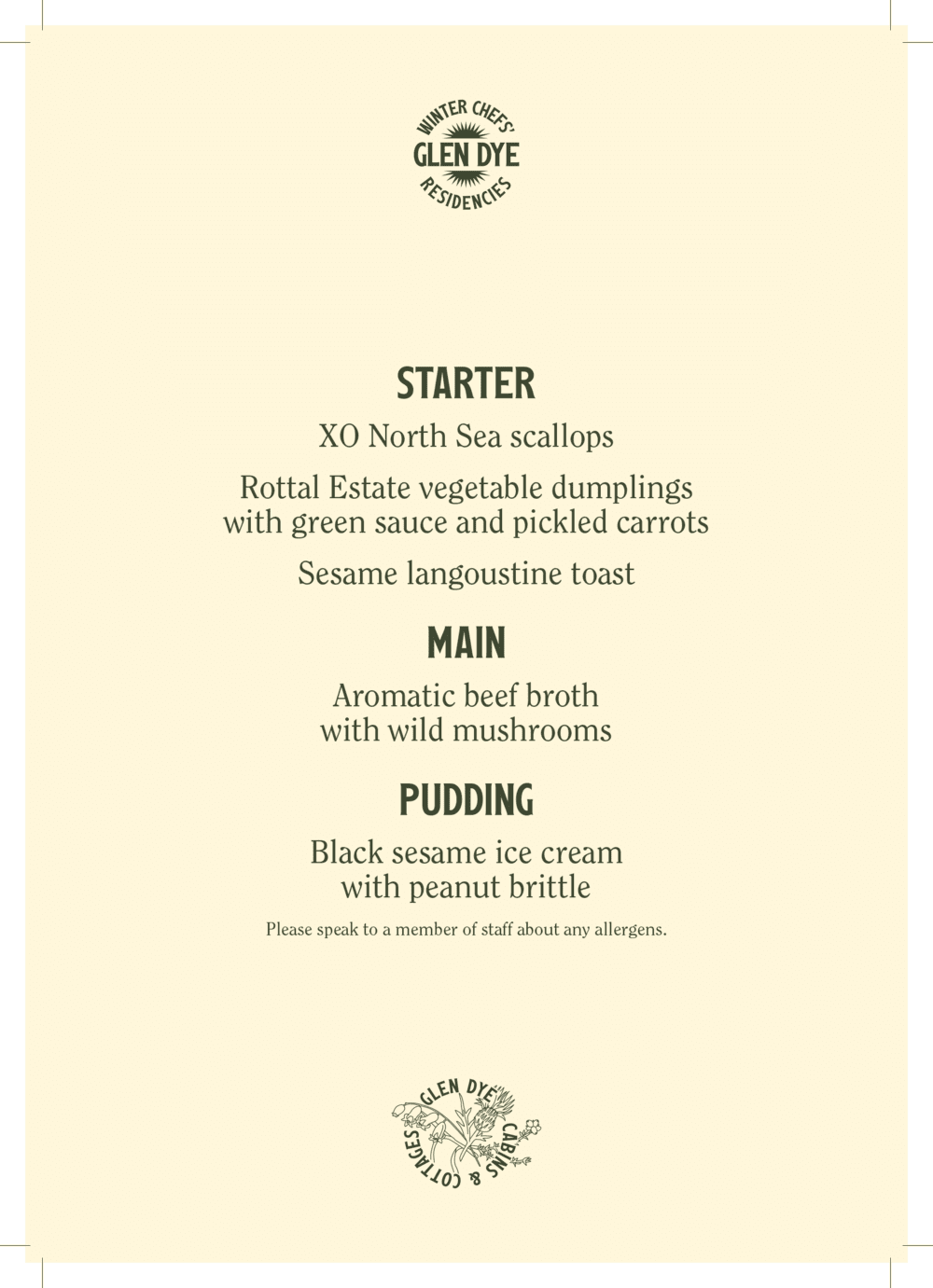 PDF image of the dinner menu at our winter chef's seasonal feast event.