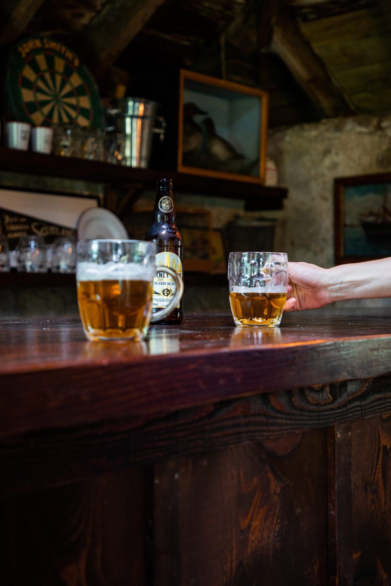 2 glasses of Beer on a bar at the Glen Dye Arms