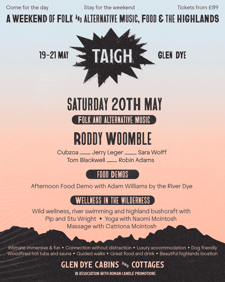Poster advertising the Taigh music event hosted by Glen Dye Cabins and Cottages