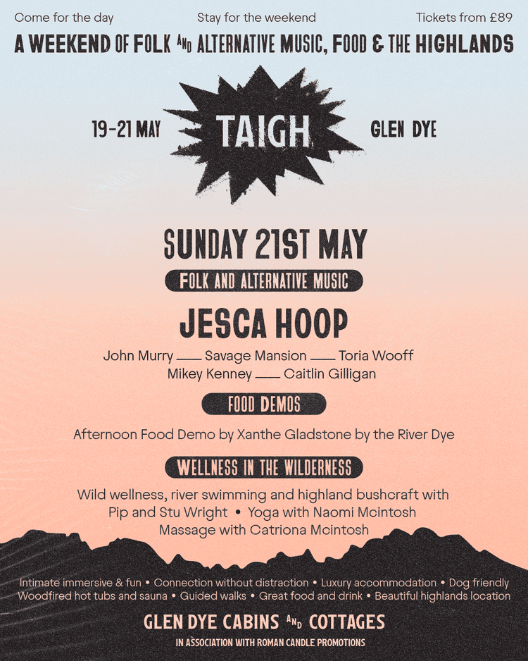 Poster advertising the Taigh music event hosted by Glen Dye Cabins and Cottages