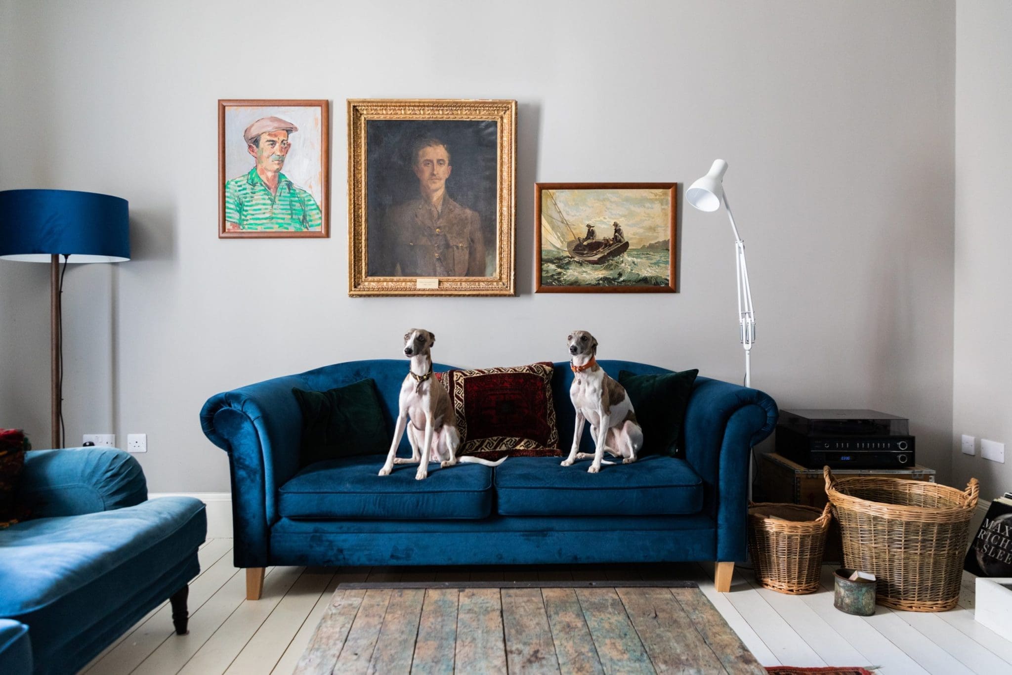 Photo taken of the interior of the North Lodge Cabin, Showcasing its bright colours and cosy finishings. In this image, you can see two dogs sitting on top of a blue Sofa.