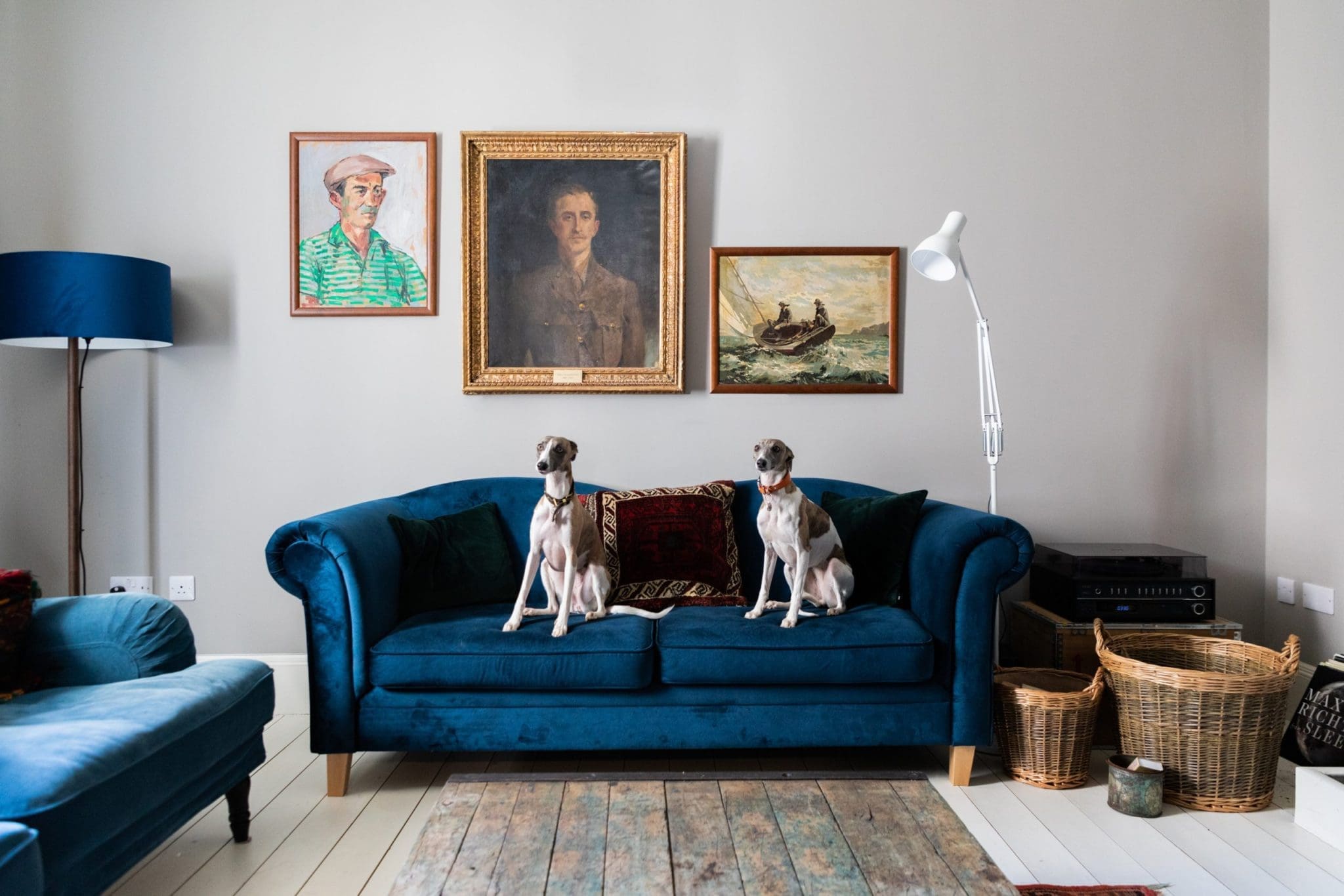 Photo taken of the interior of the North Lodge Cabin, Showcasing its bright colours and cosy finishings. In this image, you can see two dogs sitting on top of a blue Sofa.